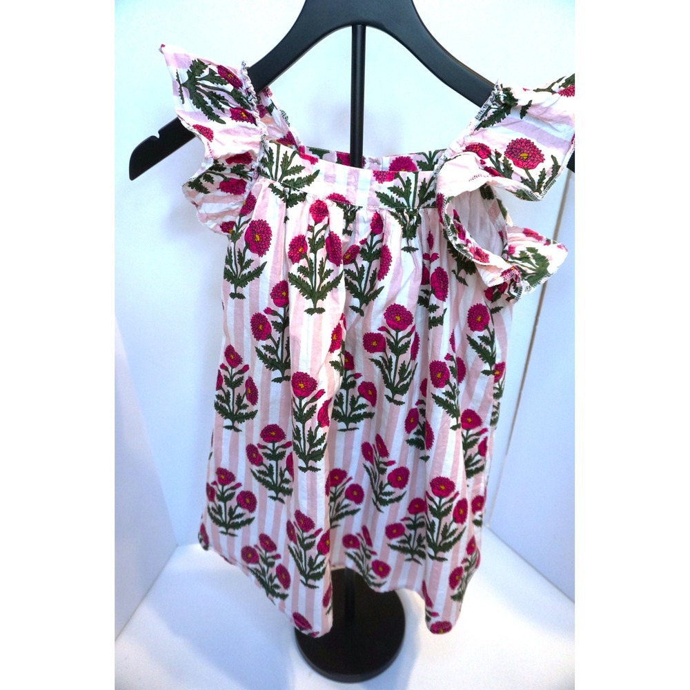 Shade Amour Pink White Floral Stripe Cotton Ruffle Flutter Sleeve Top Medium